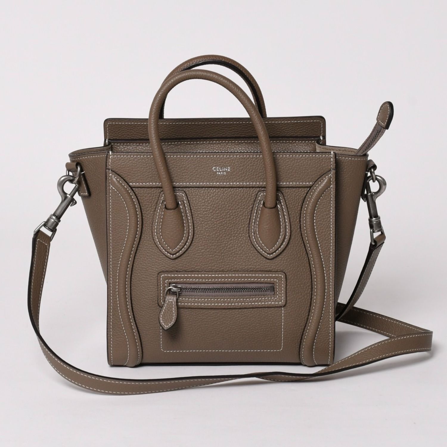 極美品 CELINE セリーヌ ハンドバッグ ショルダーバッグ 2way ラゲージナノショッパー カーフスキン メタルブラック金具 スリ ベージュ 中古 4a002837