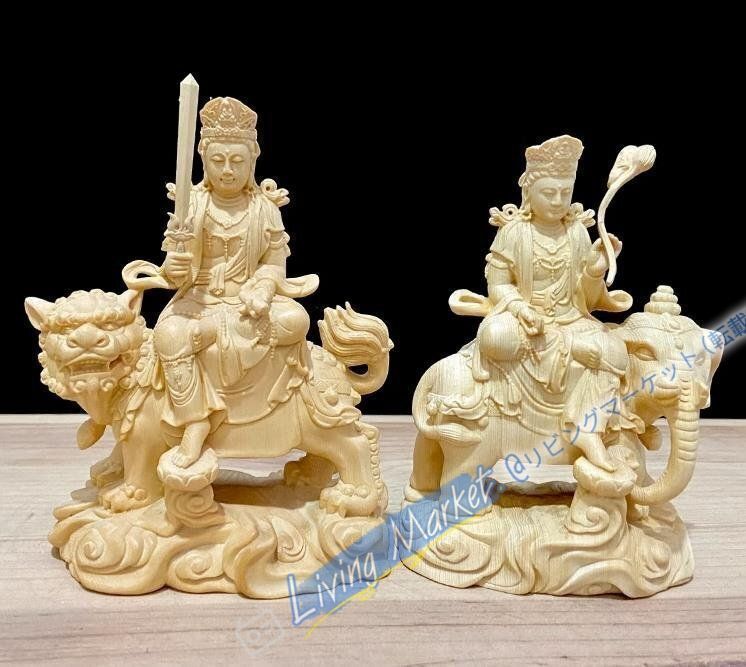 【新品未使用】 珍品 天然木 木彫仏像 文殊菩薩 普賢菩薩 座像 檜木 一式 彫刻 CZH526P444