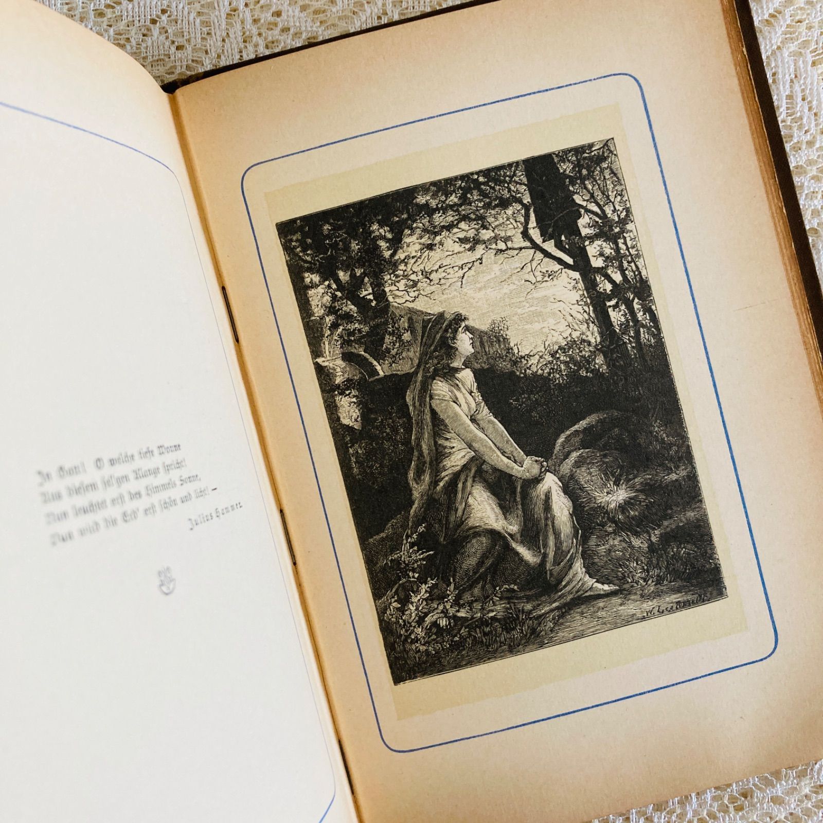 女性と天使の美しい表紙絵 アンティーク詩選集 1895年頃 ドイツ語古書