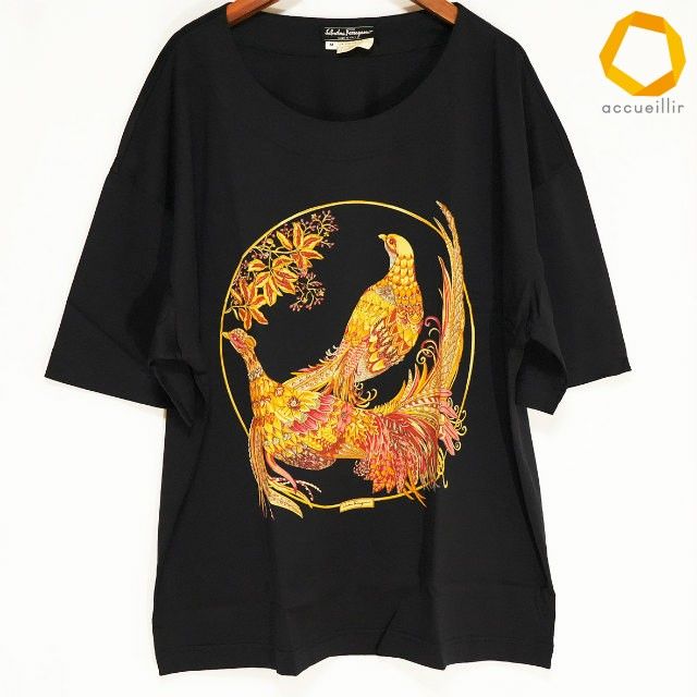 snc フェラガモ Ferragamo カットソー Tシャツ M 黒 孔雀 花柄 