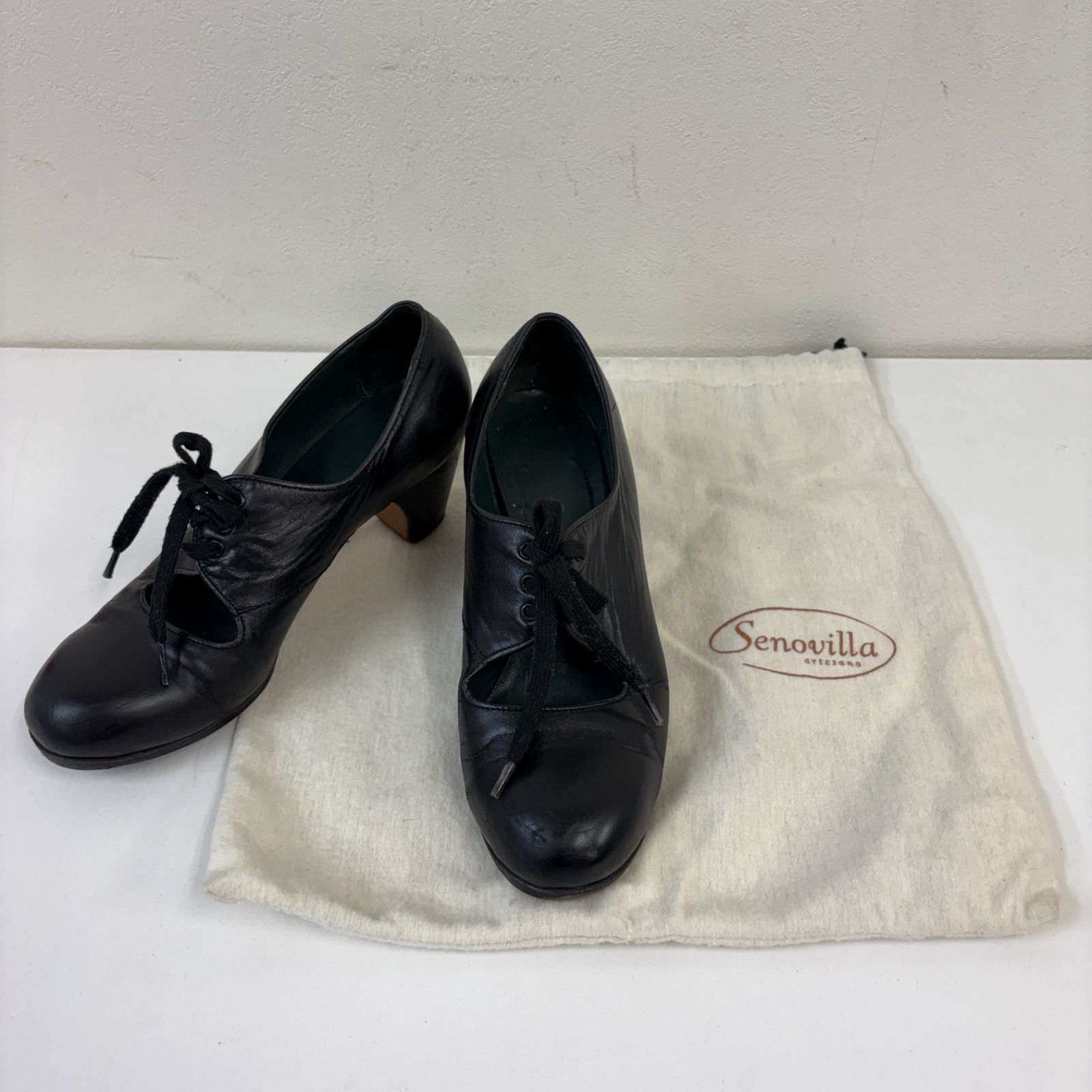 【Senovilla】フラメンコシューズ 黒 約24.5cm〜25.0cm ヒール6cm シューズケース付き スペイン セノビージャ
