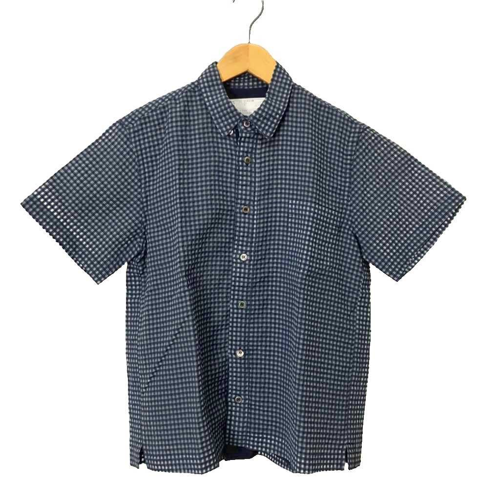 サカイ sacai ギンガムチェックシャツ シアサッカー 半袖 1 ネイビー 15-00823M