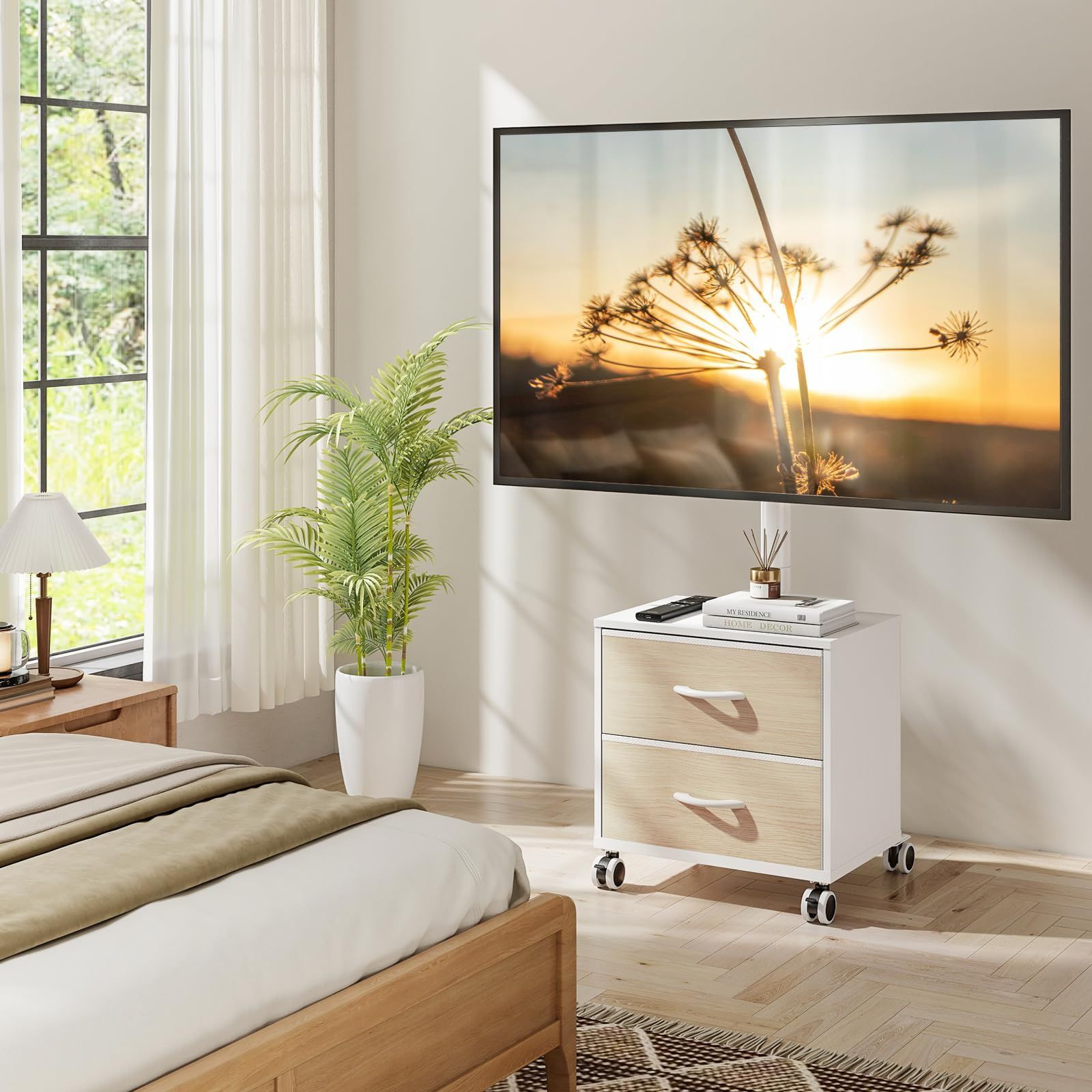 Rfiver テレビスタンド キャスター付き 壁寄せ 引き出し付き 32-60型対応 耐荷重40kg tvスタンド テレビ台 テレビボード ローボード tv stand 高さ調節 左右回転可能 収納力 家用 ライトオーク