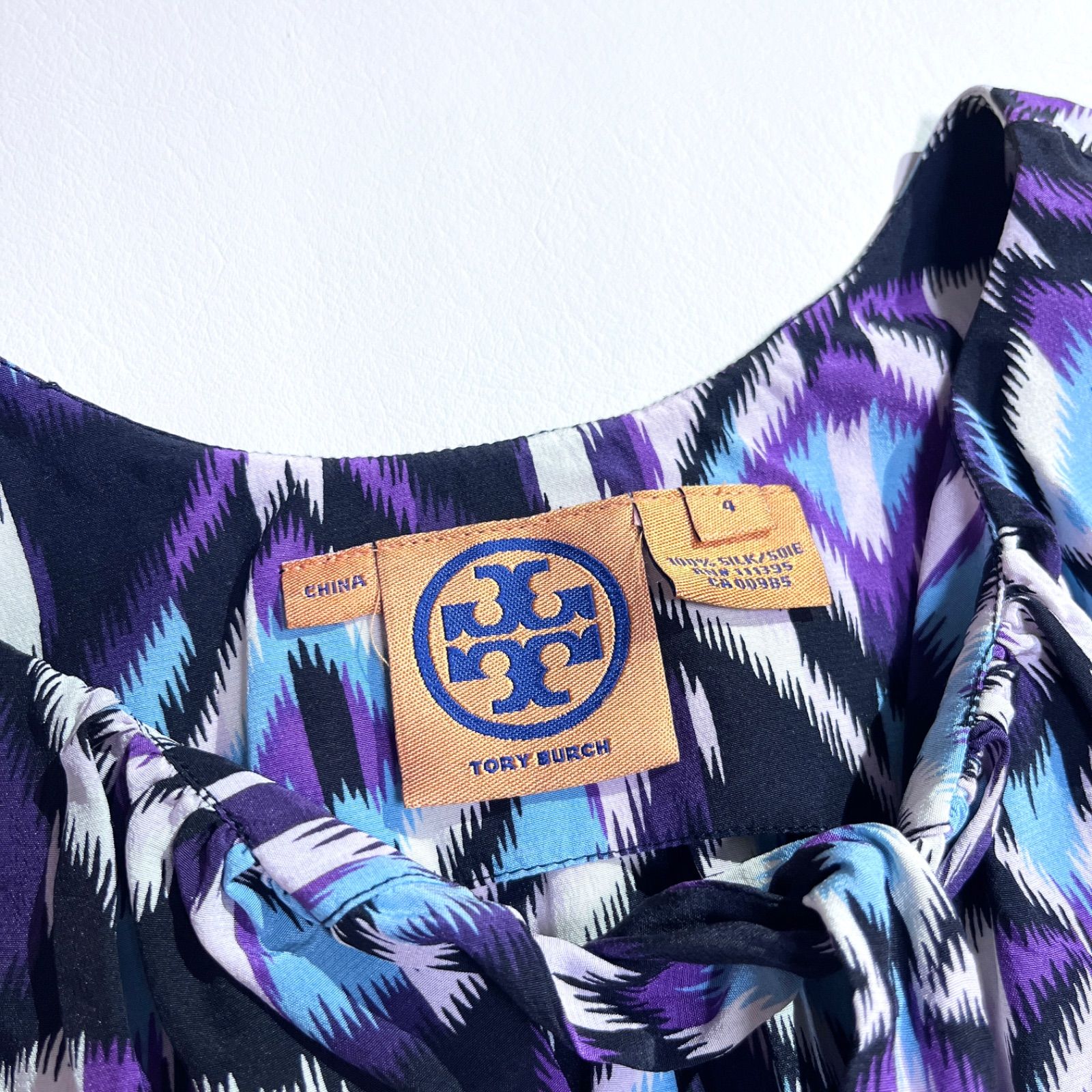 cU61 TORY BURCH シルク100% 絹 ボウタイブラウス リボン ノースリーブ