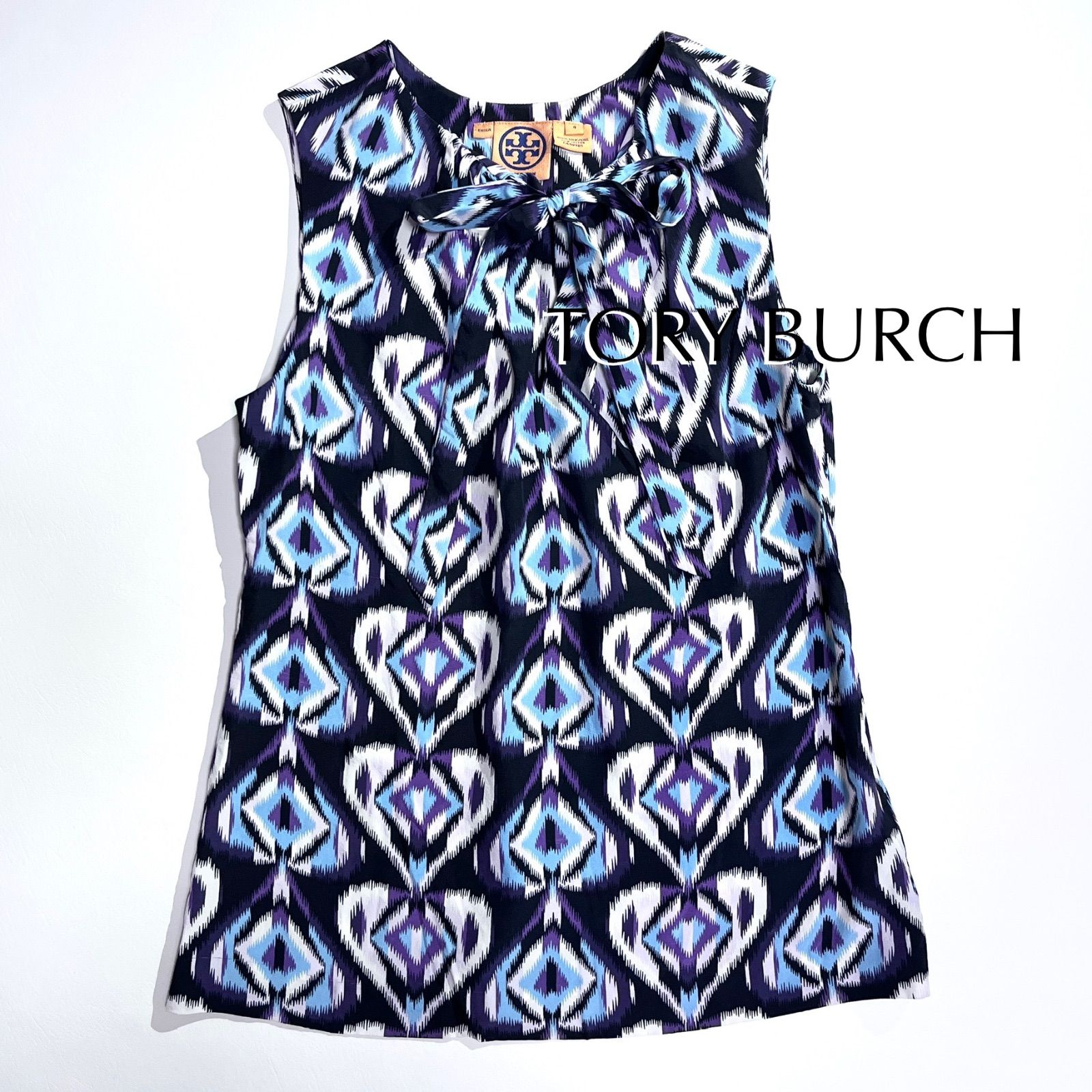 TORY BURCH トリーバーチ シルク フリンジ ボウタイブラウス 2 cU61 TORY BURCH シルク100% 絹 ボウタイブラウス リボン ノースリーブ