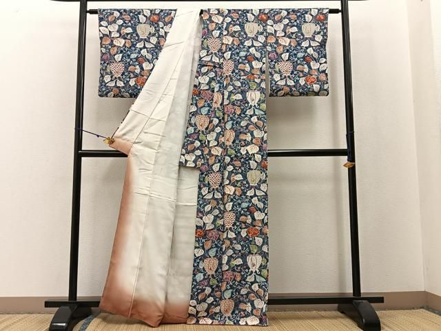 平和屋着物□上質な小紋 型染め 仕覆草花文 鬼しぼ縮緬 正絹 逸品