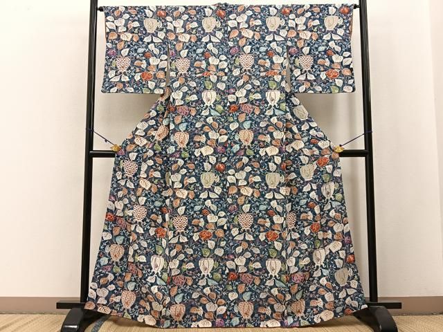 平和屋着物□上質な小紋 型染め 仕覆草花文 鬼しぼ縮緬 正絹 逸品