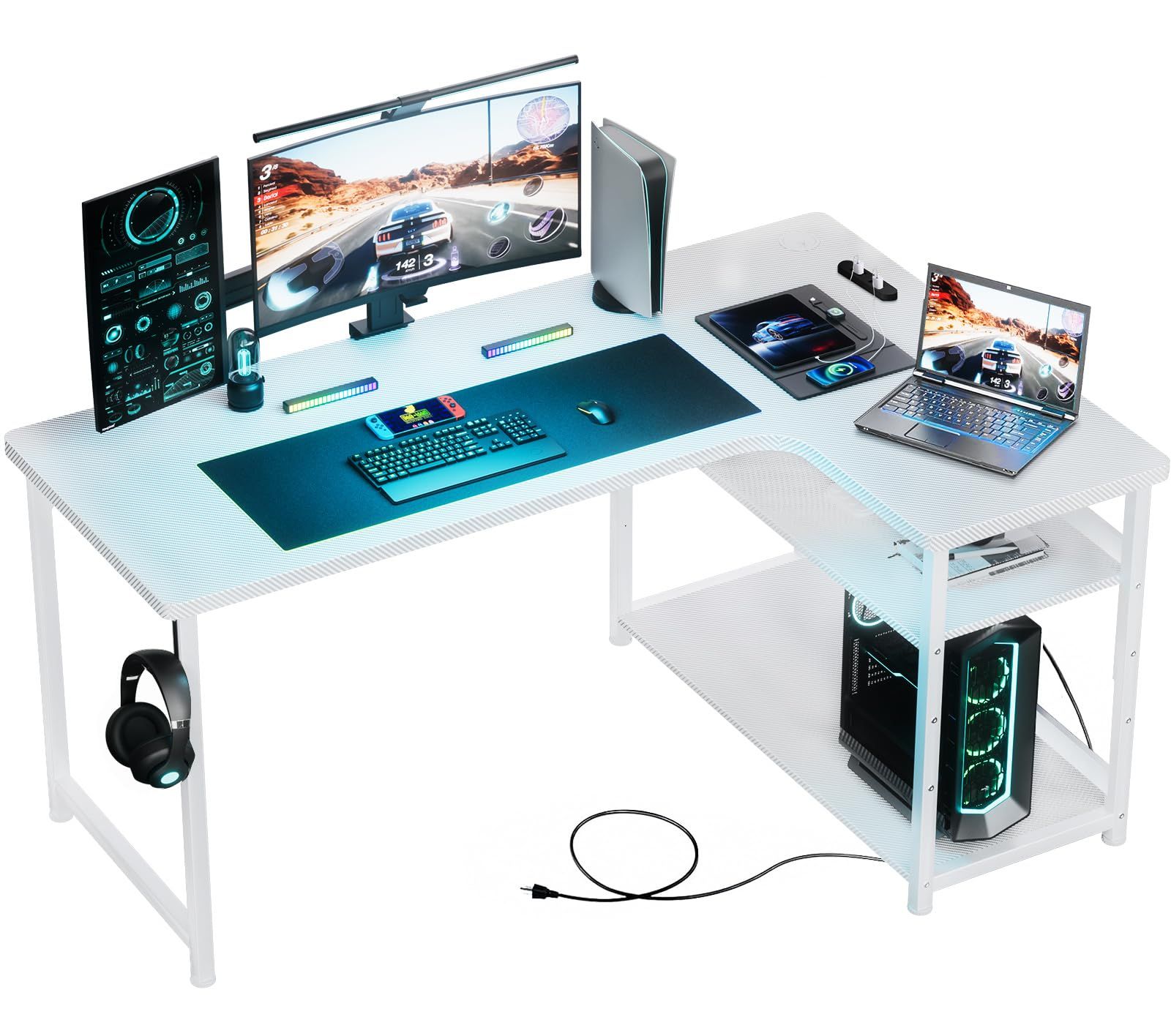 GTPLAYER ゲーミングデスク パソコンデスク L字 カーボン調 コンセント付き ラック付き モニターアーム対応 棚高さ調節可能 配線穴 右棚 79奥行き*110幅*74.5高さ DL001 白 White 机 pcデスク 勉強机 ゲームデスク 棚付き 1