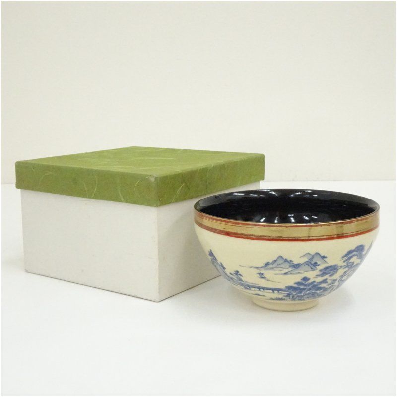 京焼 貴山造 染付山水図天目茶碗（紙箱） 茶道 抹茶 おしゃれ 抹茶茶碗