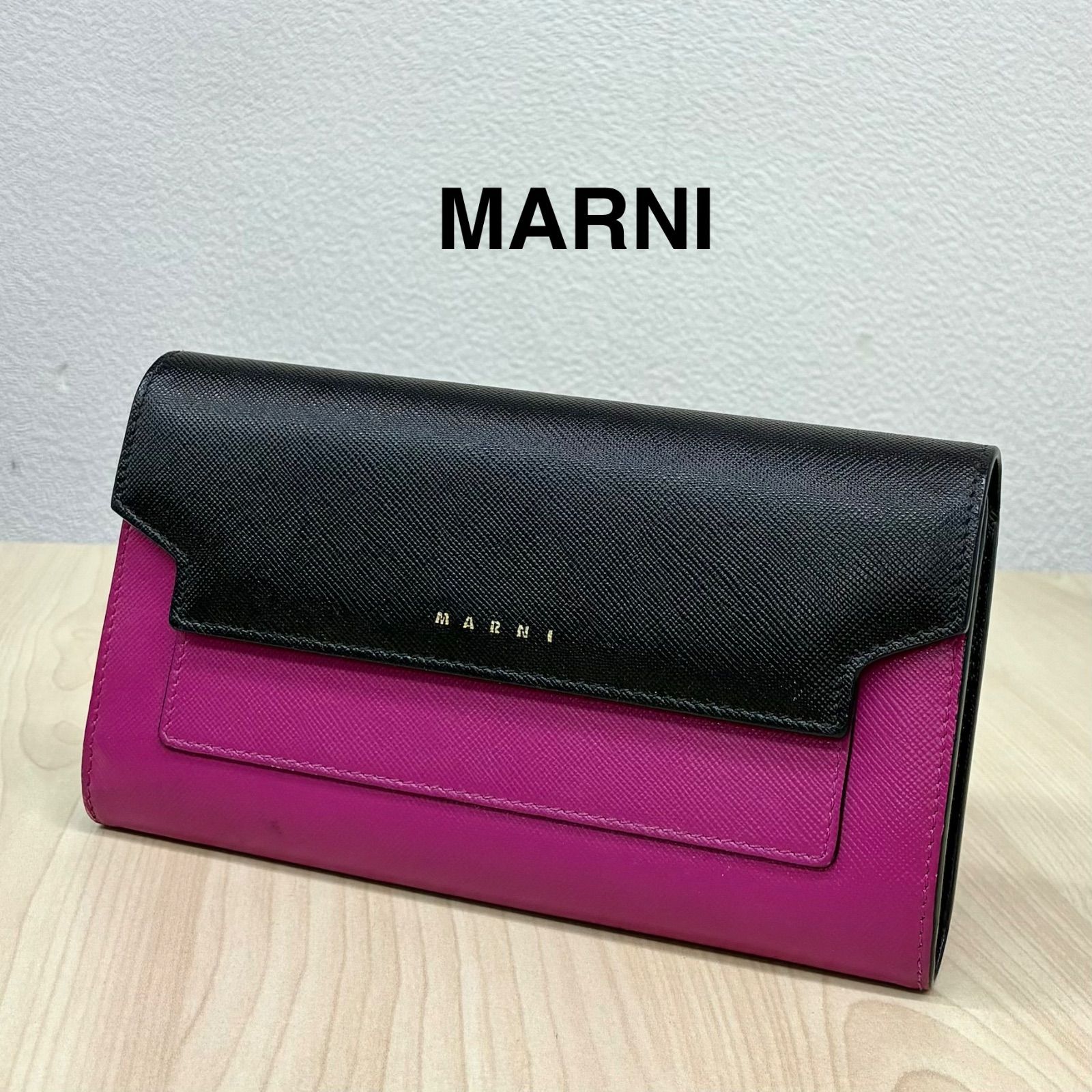美品＊箱付き MARNI マルニ バイカラー 財布 長財布 レザー マルニ MARNI】バイカラー長財布 ブラック×ピンク - メルカリ