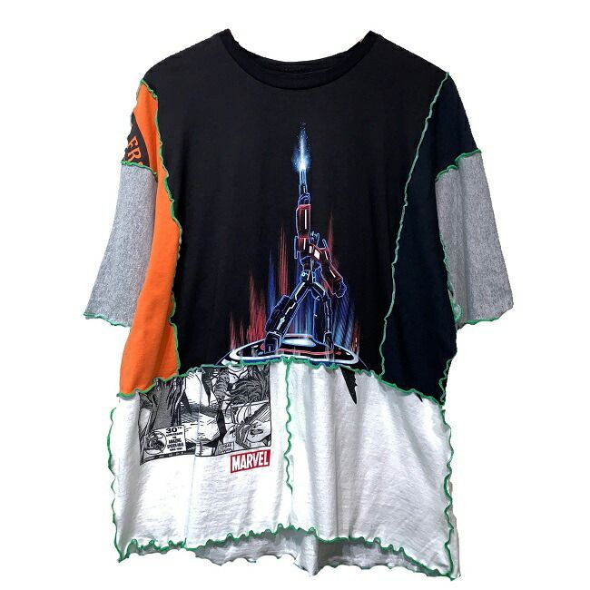 【中古】　Remake　メロウ加工トップス　半袖　Tシャツ　切替　クルーネック　再構築　古着　/5954