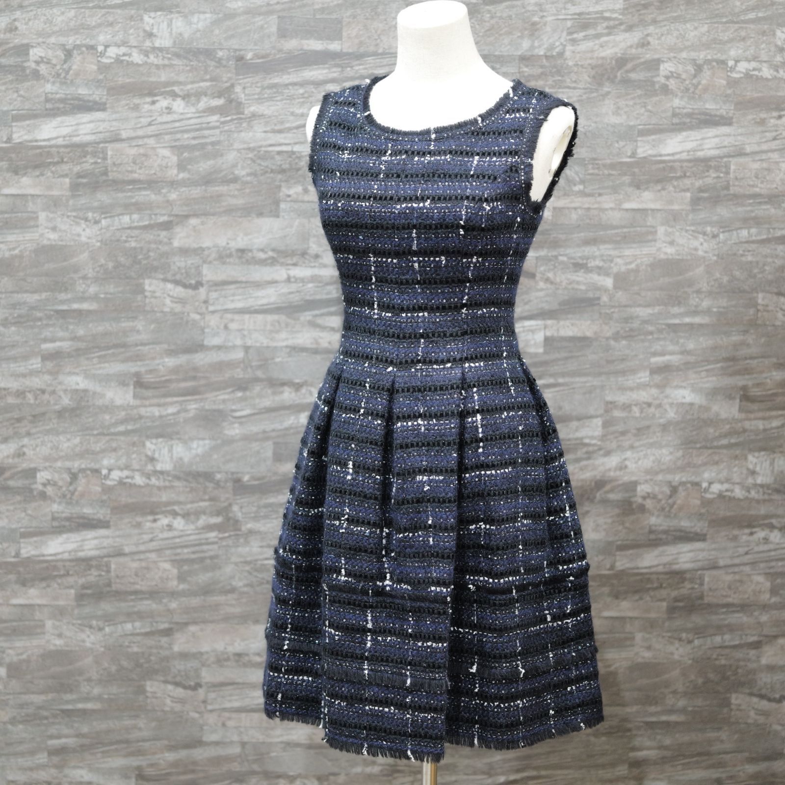 展示品 ルネ Rene ノースリーブ フレアワンピース サイズ 34 ツイードワンピース