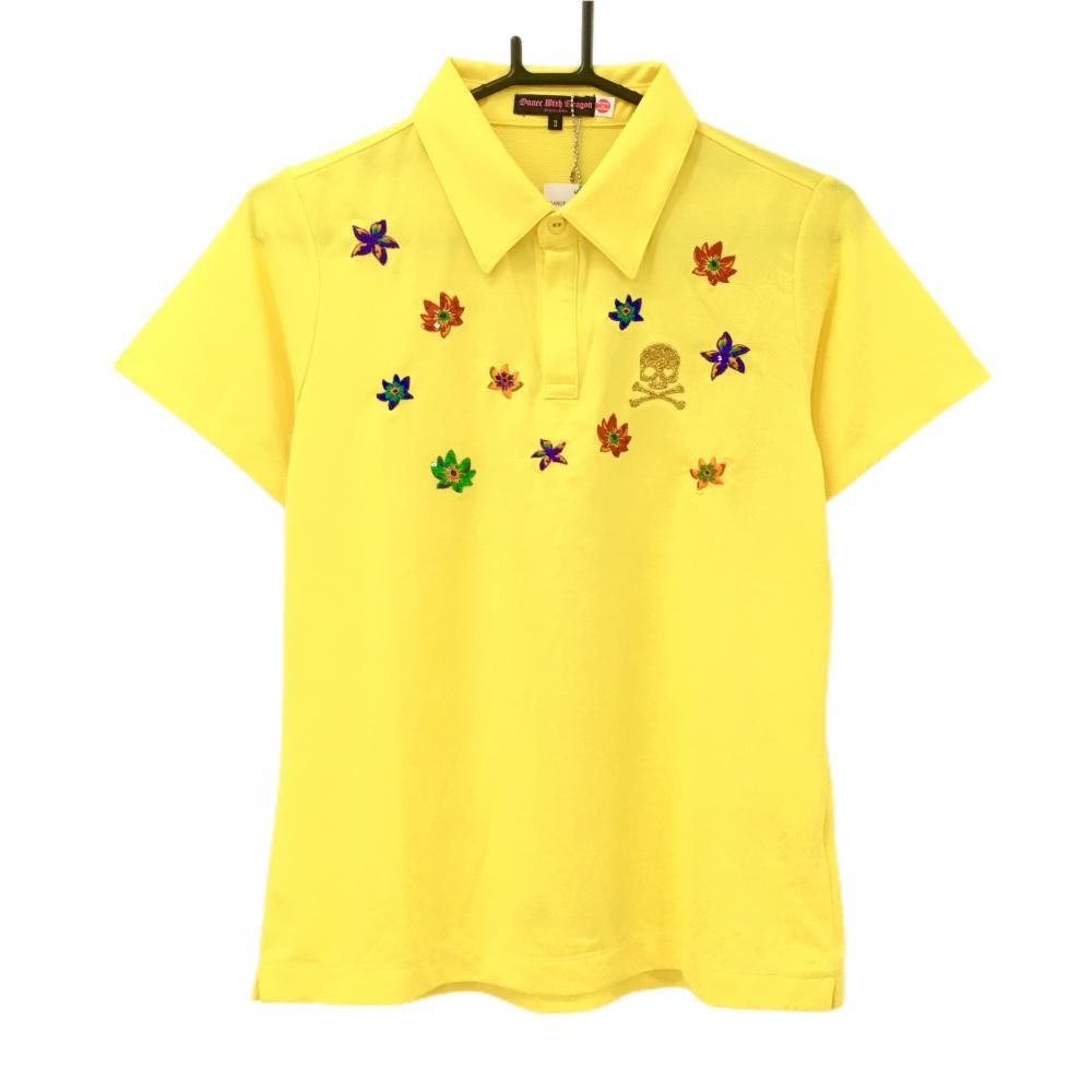 【未使用品】ダンスウィズドラゴン 半袖ポロシャツ イエロー×レッド系×パープル系 レディース 3(L) ゴルフウェア Dance With Dragon