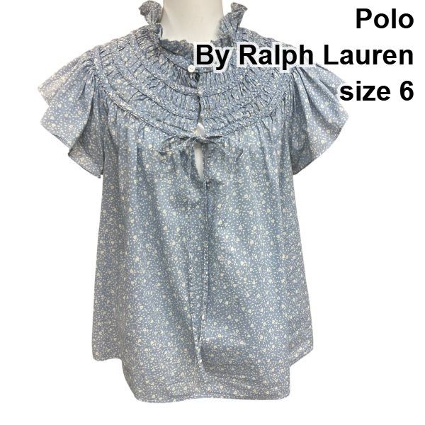 □ ポロバイラルフローレン Polo ブラウス 半袖 フリル襟 ギャザー フレアスリーブ プルオーバー トップス 水色 綿 6 L レディース Z6C762