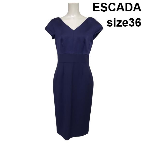 ◇ エスカーダ ESCADA ペンシルワンピース ドレス ミモレ丈 半袖 タイト Vネック 切替 ネイビー ウール混 36 S 7号 レディース S6E453 13,209円