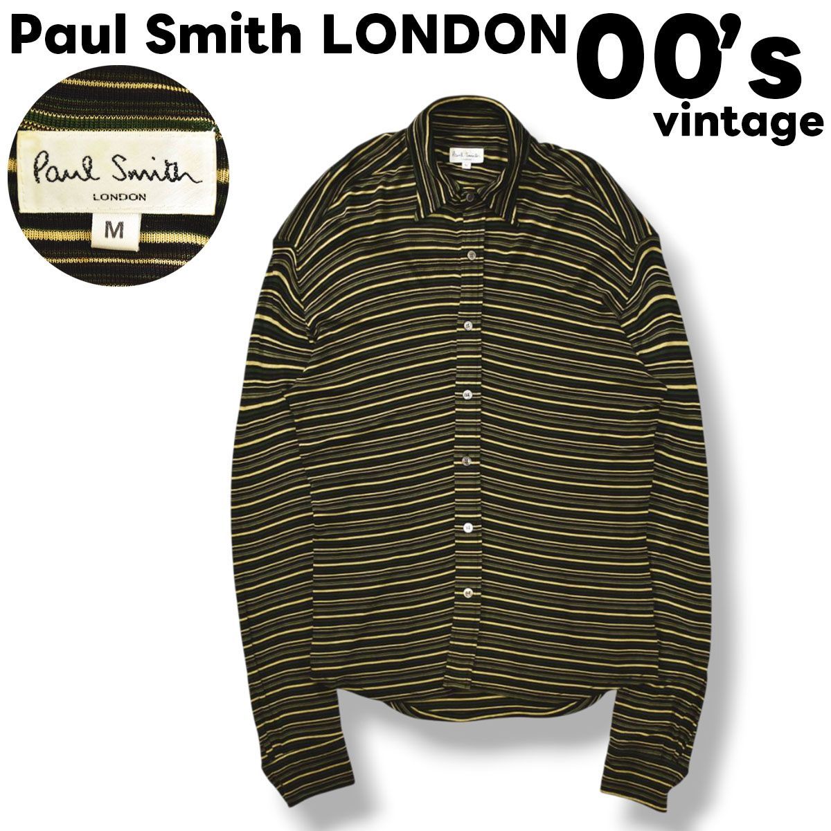 00s archive 日本製 ポールスミス ロンドン Paul Smith LONDON 長袖 ストレッチ ドレープ シャツ ラウンドヘム M マーブル ボーダー柄 マルチカラー メンズ