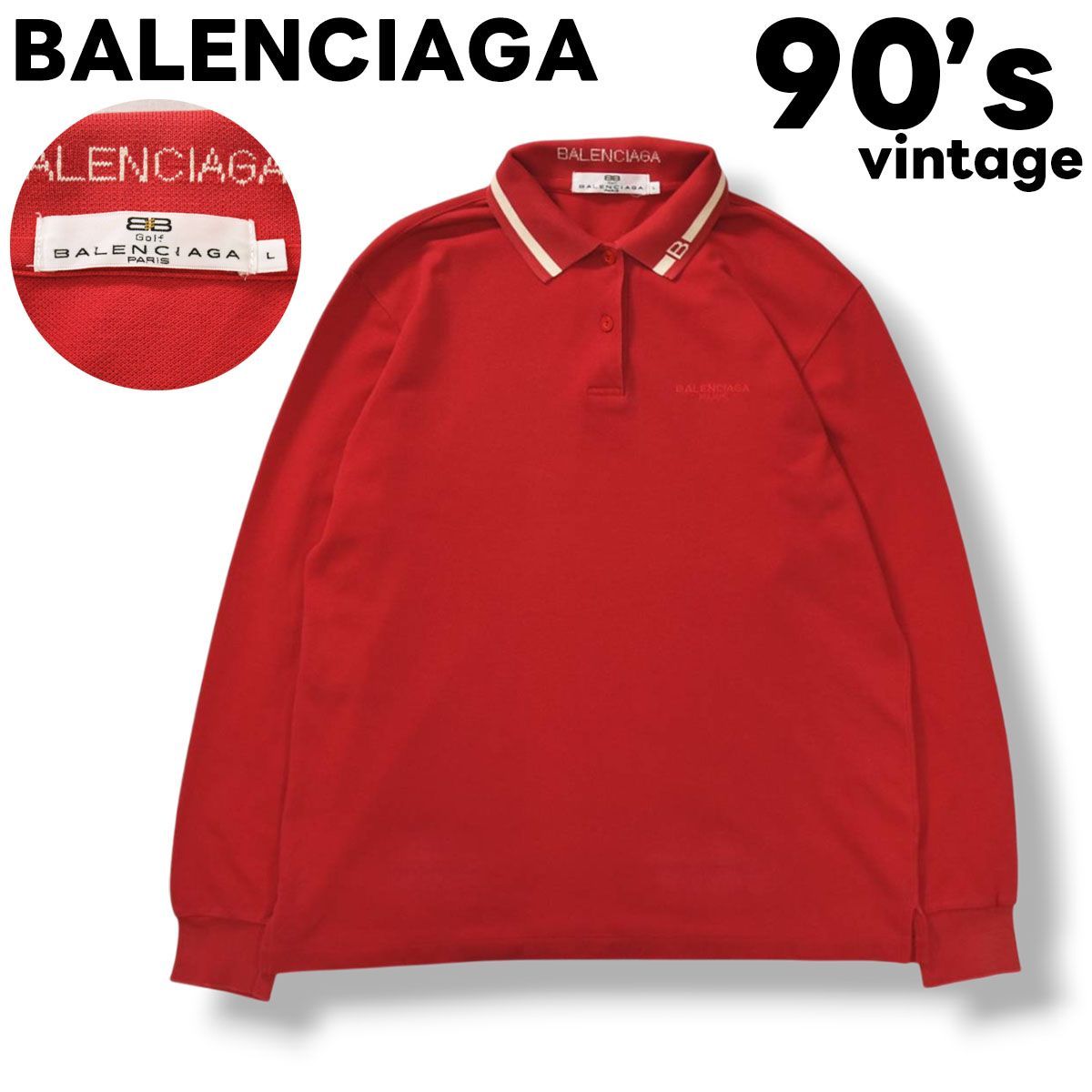 【希少】 90s archive 日本製 バレンシアガ BALENCIAGA 長袖 鹿の子 ポロシャツ サイドスリット ロゴ 刺繍 L レッド ラグジュアリー デザイナーズ レディース ♪