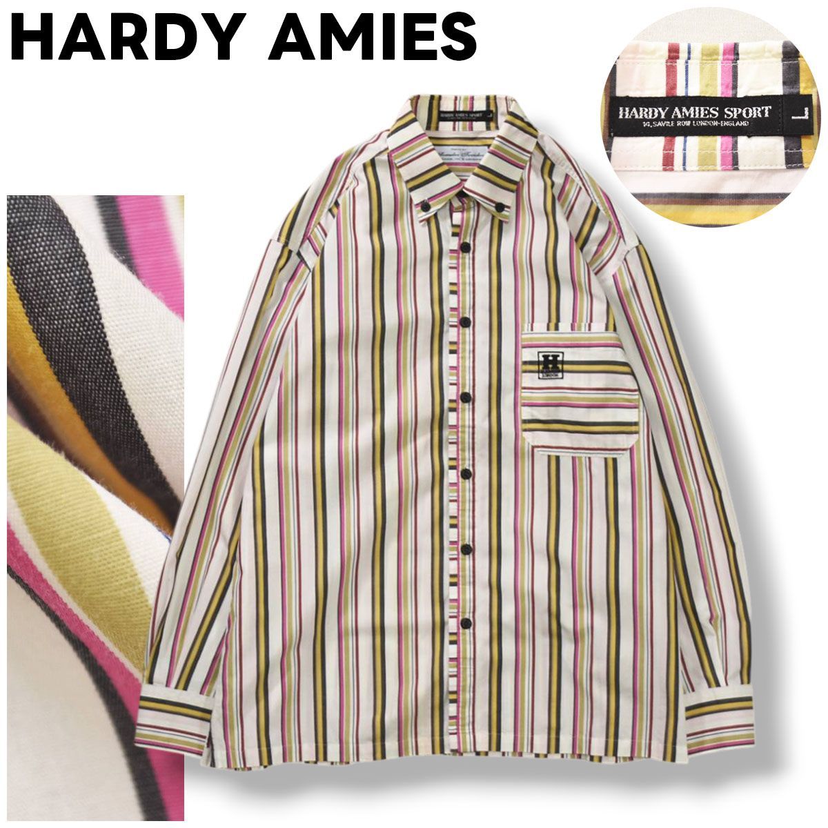 ポルトガル製 ハーディエイミス スポーツ HARDY AMIES SPORT ソメロス テシードス Somelos Tecidos ヨーロッパ 素材 長袖 ボタンダウン コットン シャツ L ストライプ柄 マルチカラー メンズ