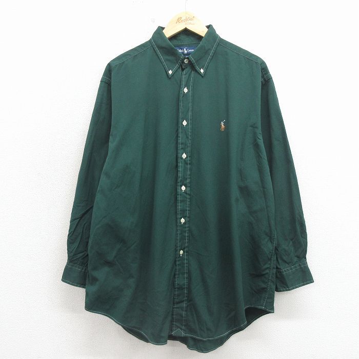 XL/古着 ラルフローレン 長袖 ブランド シャツ メンズ 90年代 90s ワンポイントロゴ YARMOUTH オックスフォード 大きいサイズ コットン ボタンダウン 緑【spe】 26apr30