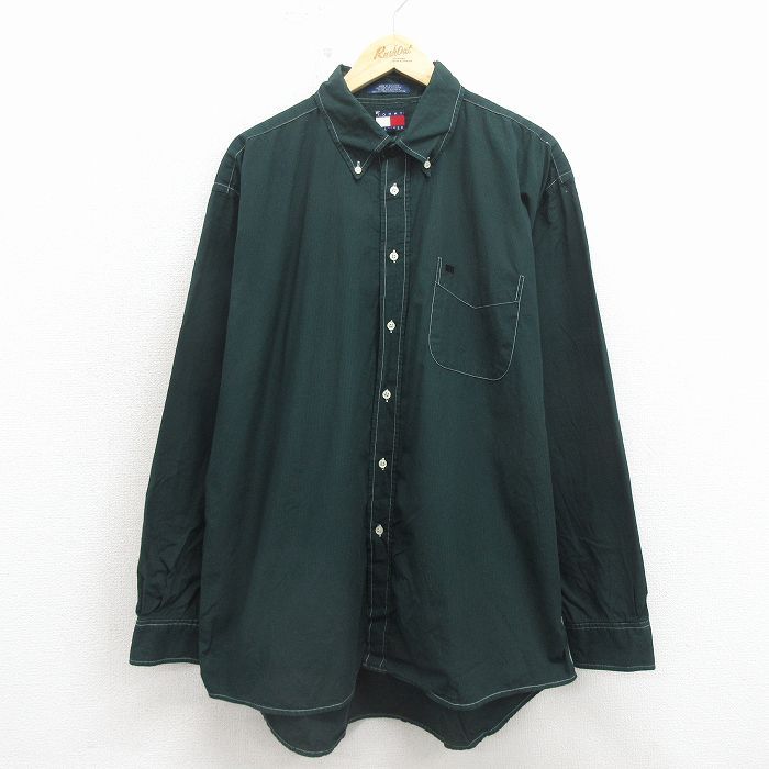 XL/古着 トミーヒルフィガー 長袖 ブランド シャツ メンズ 90年代 90s ワンポイントロゴ 大きいサイズ コットン ボタンダウン 緑 ストライプ 26apr30