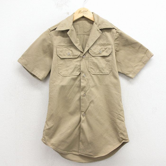 S/古着 半袖 ビンテージ ミリタリー シャツ メンズ 70年代 70s コットン 開襟 オープンカラー USA製 ベージュ 26apr30