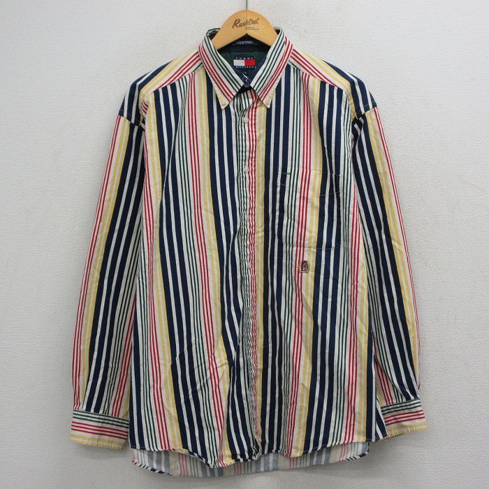 XL/古着 トミーヒルフィガー 長袖 ブランド シャツ メンズ 90年代 90s ワンポイントロゴ 大きいサイズ ボタンダウン 白他 ストライプ【spe】 26apr30