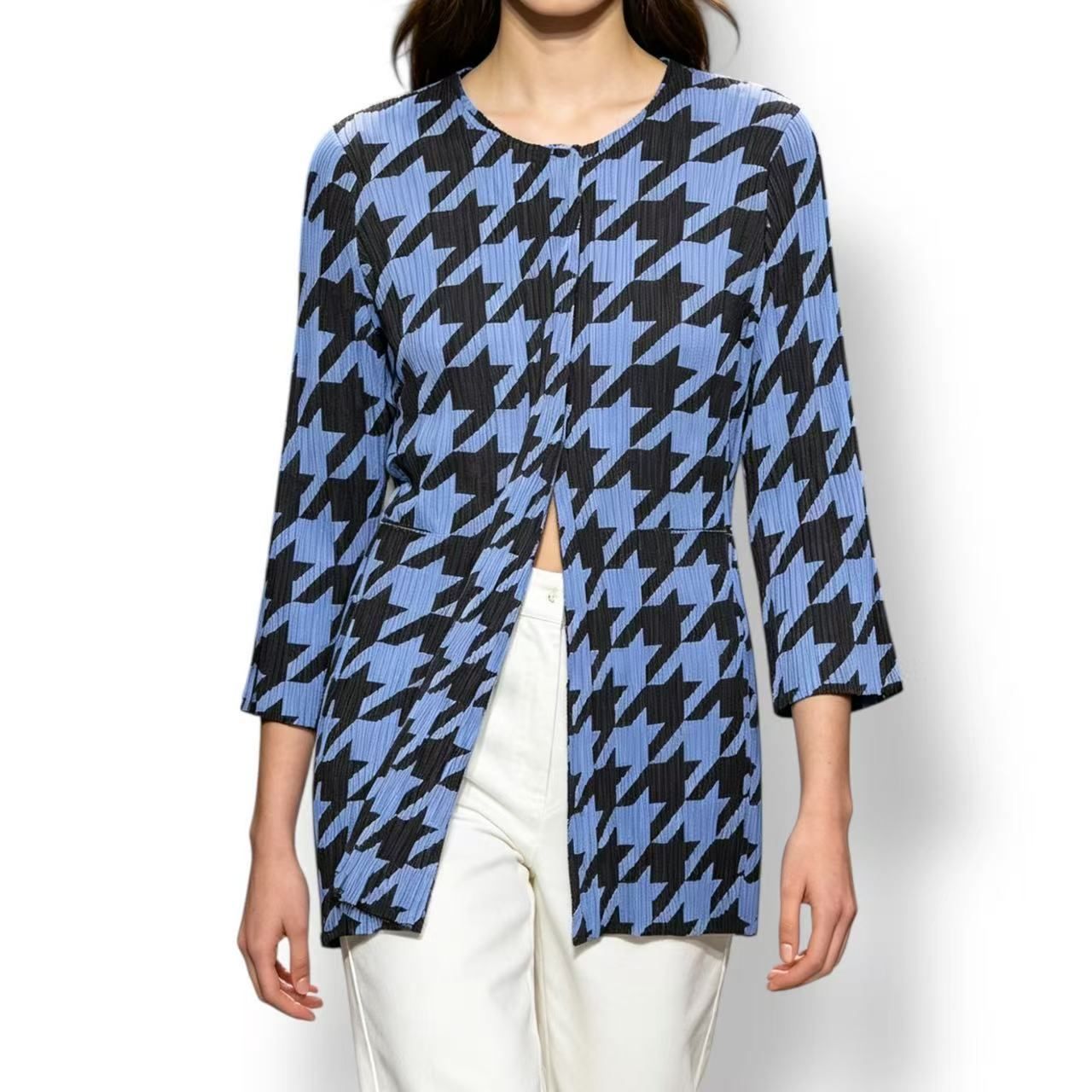 極美品 ISSEY MIYAKE イッセイミヤケ PLEATS PLEASE プリーツプリーズ カーディガン 千鳥格子柄 ブルー サイズ3
