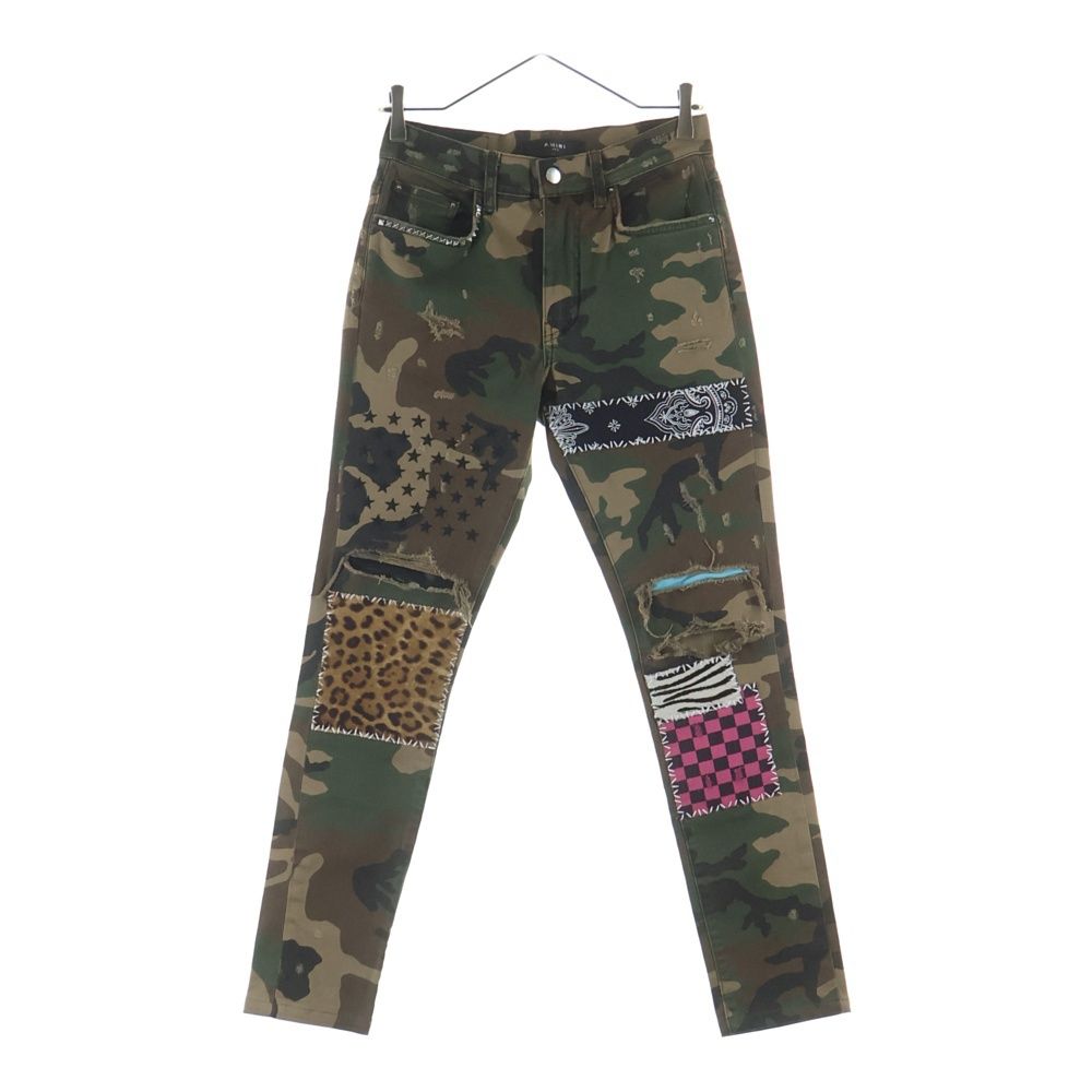 AMIRI (アミリ) カモフラ ダメージ加工 マルチパッチ ロックスタッズ スキニーパンツ カーキ