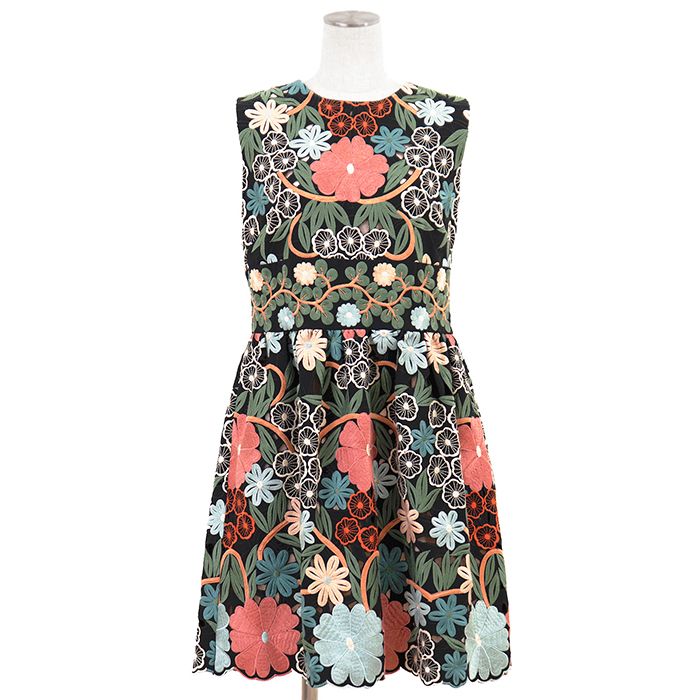 SALE【新品同様】RED VALENTINO レッドヴァレンティノ ワンピース サイズ 40 レディース ノースリーブ フローラル 花柄 エンブロイダリー 刺繍 フレア ドレス マルチカラー
