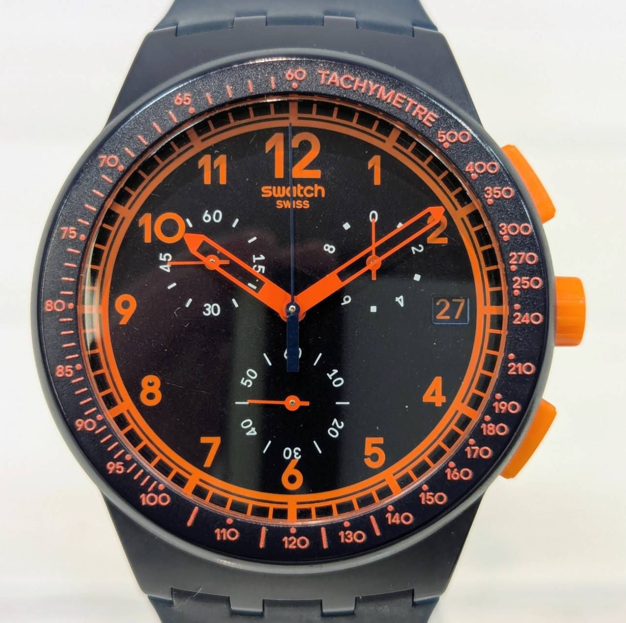塩】swatch スウォッチ クロノグラフ ネイビー×オレンジ メンズ腕時計 