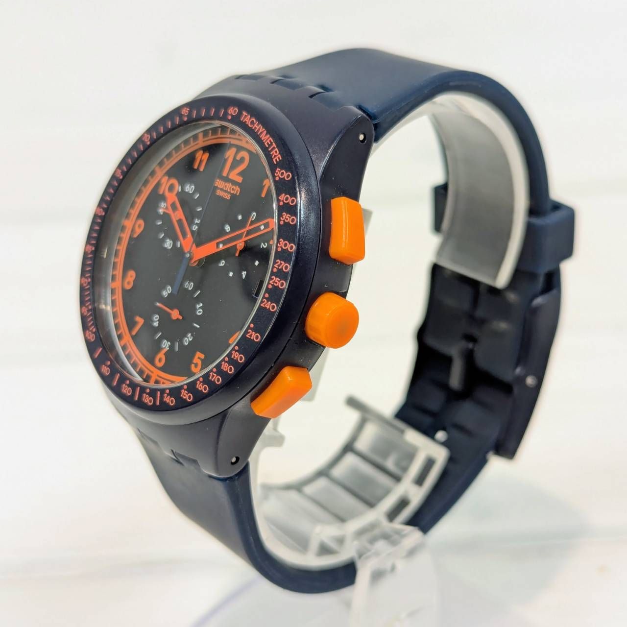 塩】swatch スウォッチ クロノグラフ ネイビー×オレンジ メンズ腕時計 