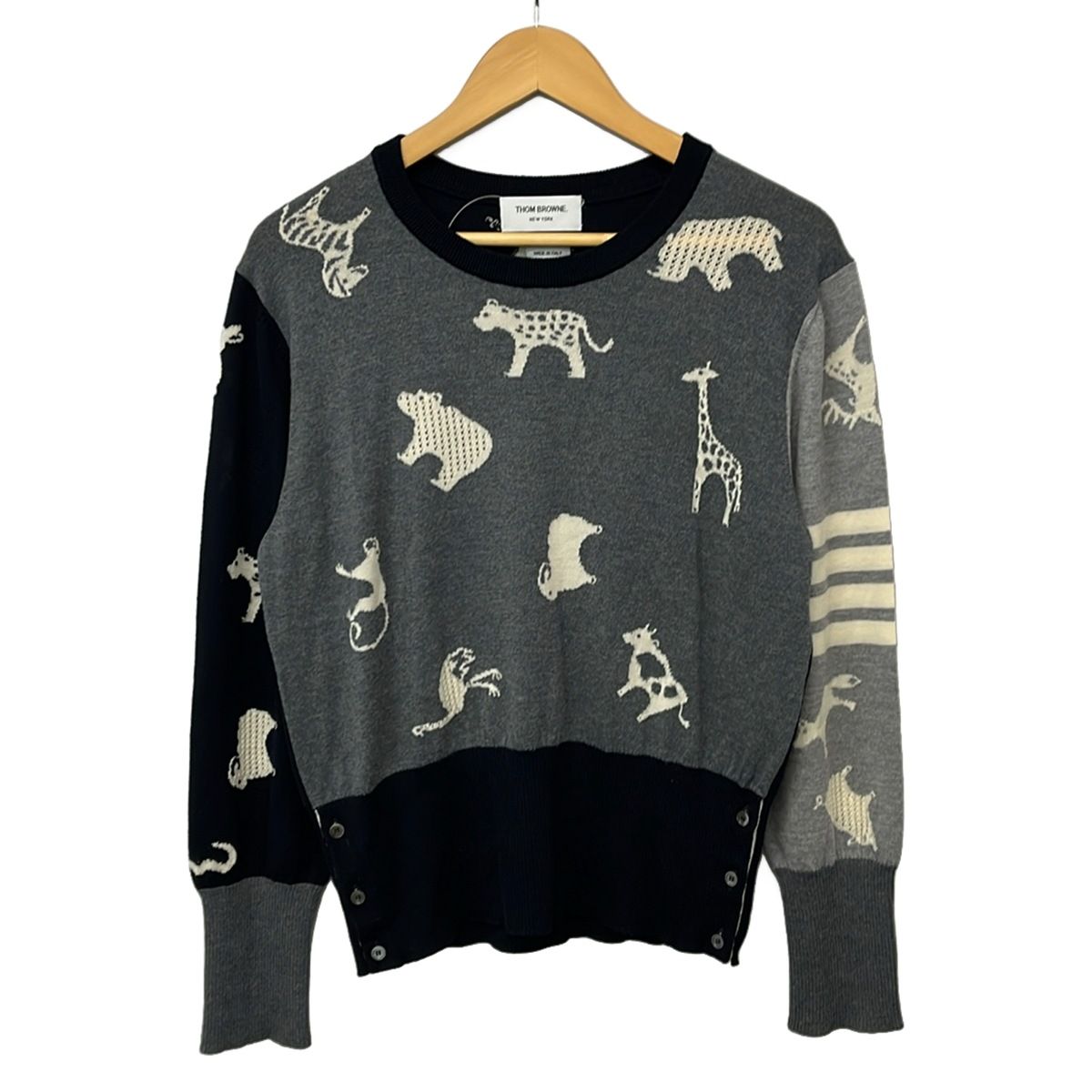 THOM BROWNE(トムブラウン) 長袖セーター サイズ4. レディース美品 - ダークグレー×ダークネイビー×白 クルーネック/アニマル柄