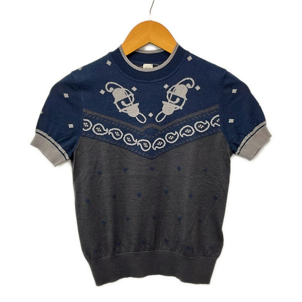 HERMES(エルメス) 半袖セーター サイズ36 S レディース美品 - ダークグレー×ネイビー×マルチ カシミヤ/シルク/ペイズリー柄