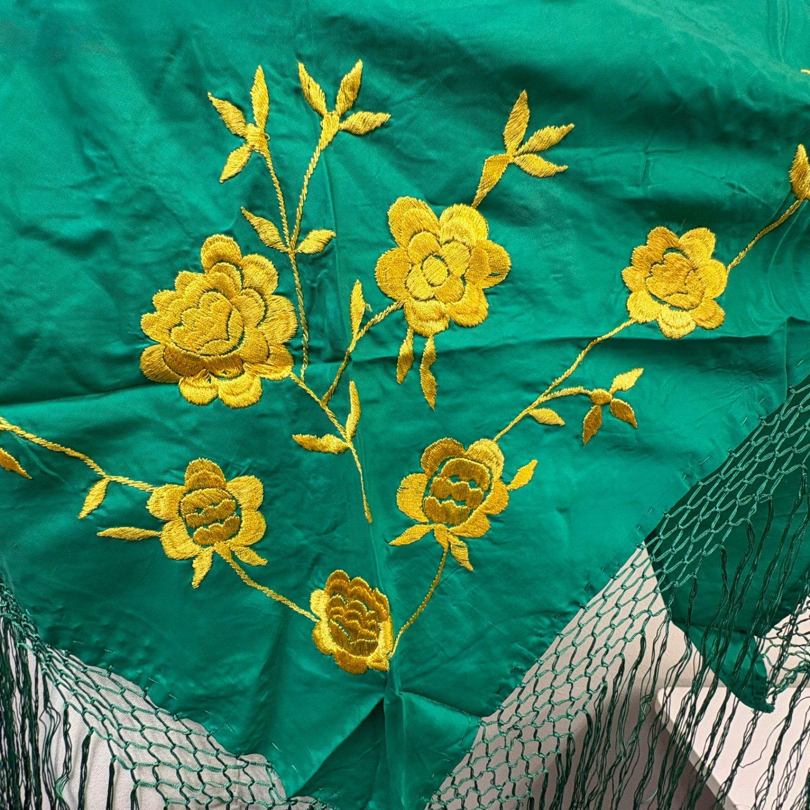 フラメンコ シージョ 緑 グリーン 花柄刺繍 フリンジ ショール