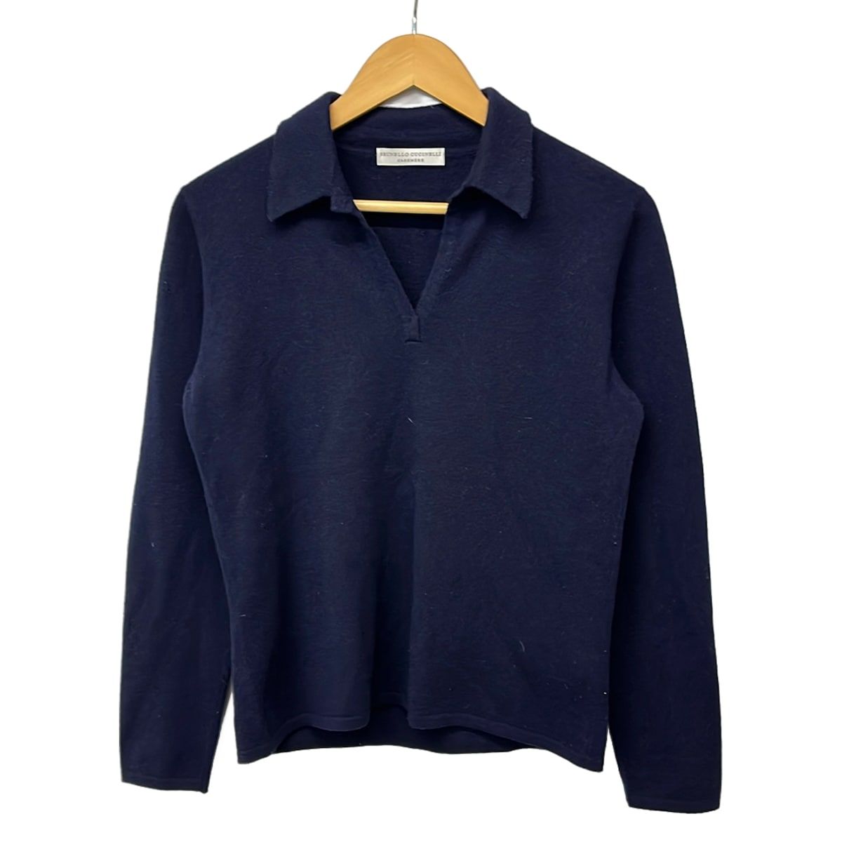 BRUNELLO CUCINELLI(ブルネロクチネリ) 長袖セーター サイズL レディース - ネイビー Vネック/カシミヤ/襟付き/ポロセーター