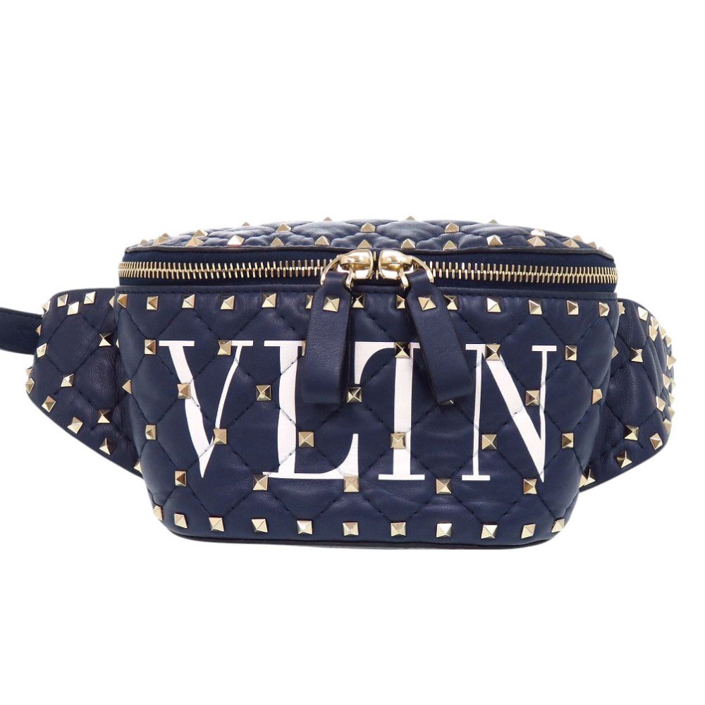 新品同様 ヴァレンティノ ガラヴァーニ ロックスタッズ レザー ネイビー ボディバッグ ウエストバッグ 1424 Valentino Garavani