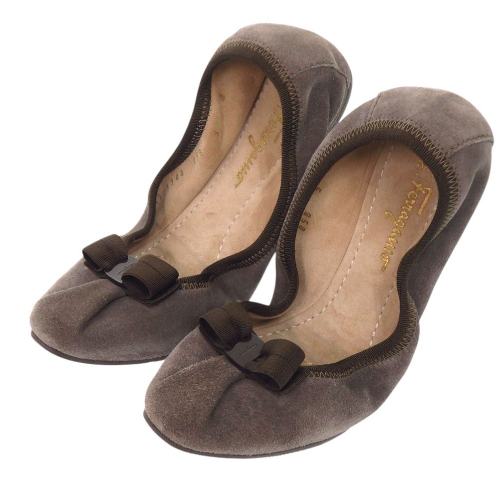美品 サルヴァトーレフェラガモ バレエシューズ MY JOY リボン スウェード ブラウン 0942 Salvatore Ferragamo