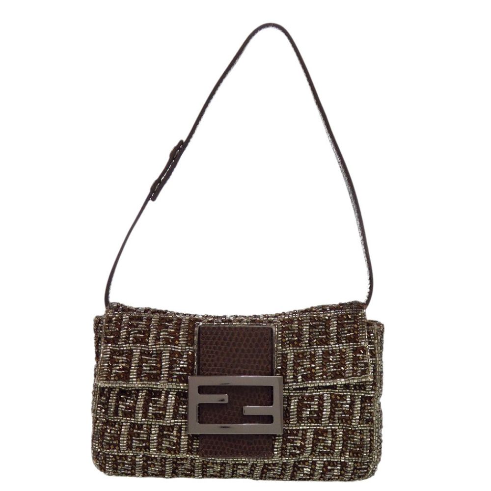 美品 フェンディ ズッキーノ ヴィンテージ マンマバケット リザード ビーズ ブラウン ワンショルダーバッグ 0259 FENDI