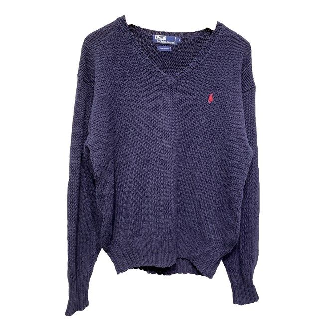 【中古】　POLO by RALPH LAUREN　セーター　長袖　ニット　トップス　Vネック　ローゲージ　ワンポイント　ブランドロゴ　スモールポニー　刺しゅう　古着　/2004