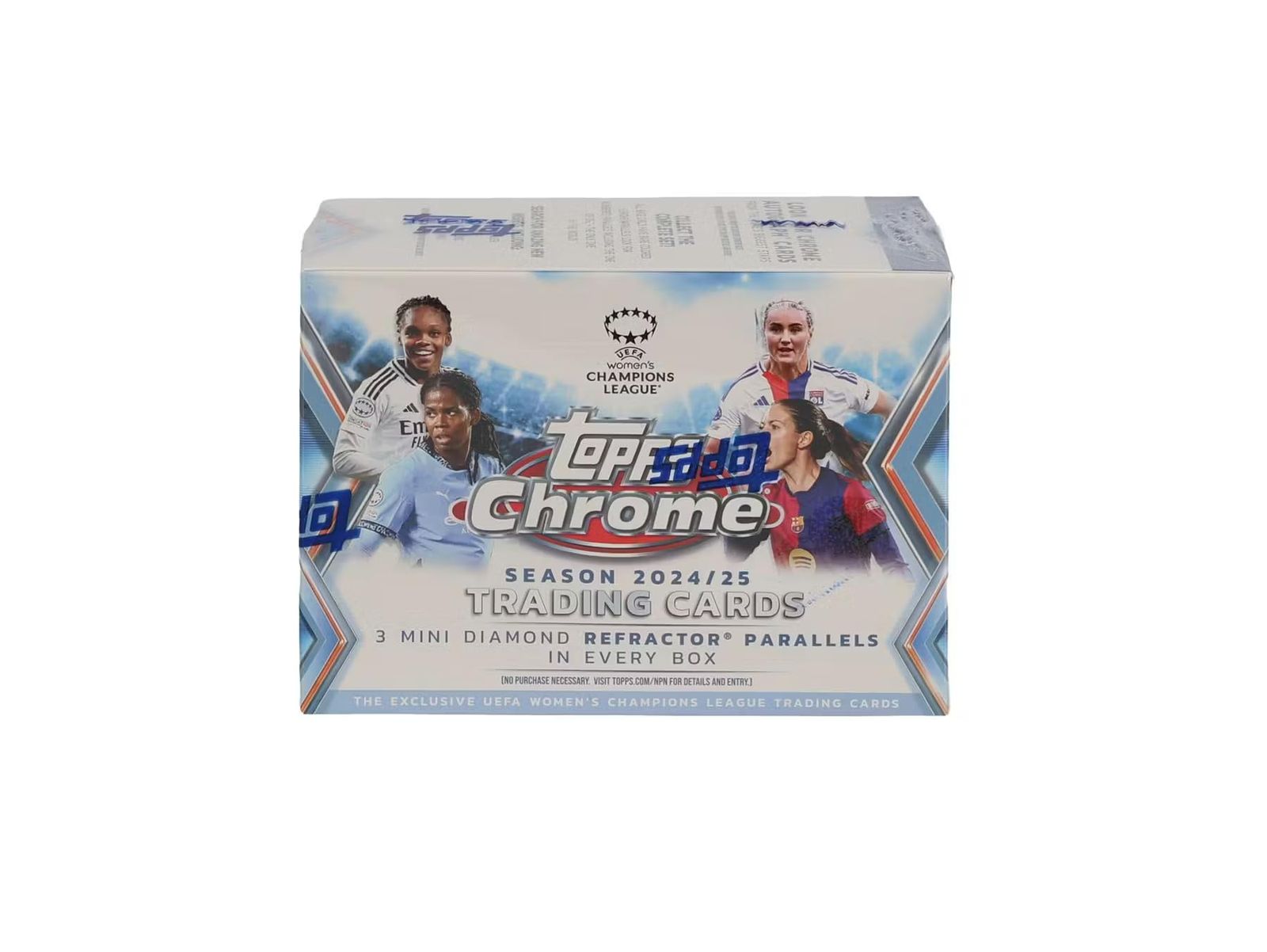 2024/25 Topps クロム UEFA レディース チャンピオンズリーグ サッカー ブラスター トレーディングカード 7枚パック ブラスターボックス (ミニダイヤモンド屈折器パラレル3個入り)。