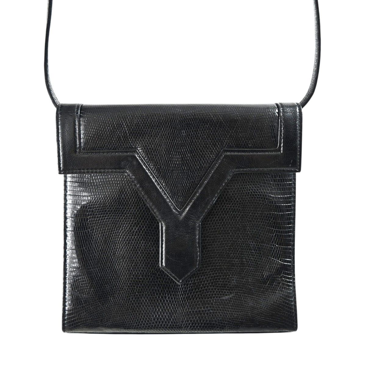 YVESSAINTLAURENT イヴサンローラン ヴィンテージ Yロゴフラップ リザード型押しレザ― ショルダーバッグ ブラック M2605-k126