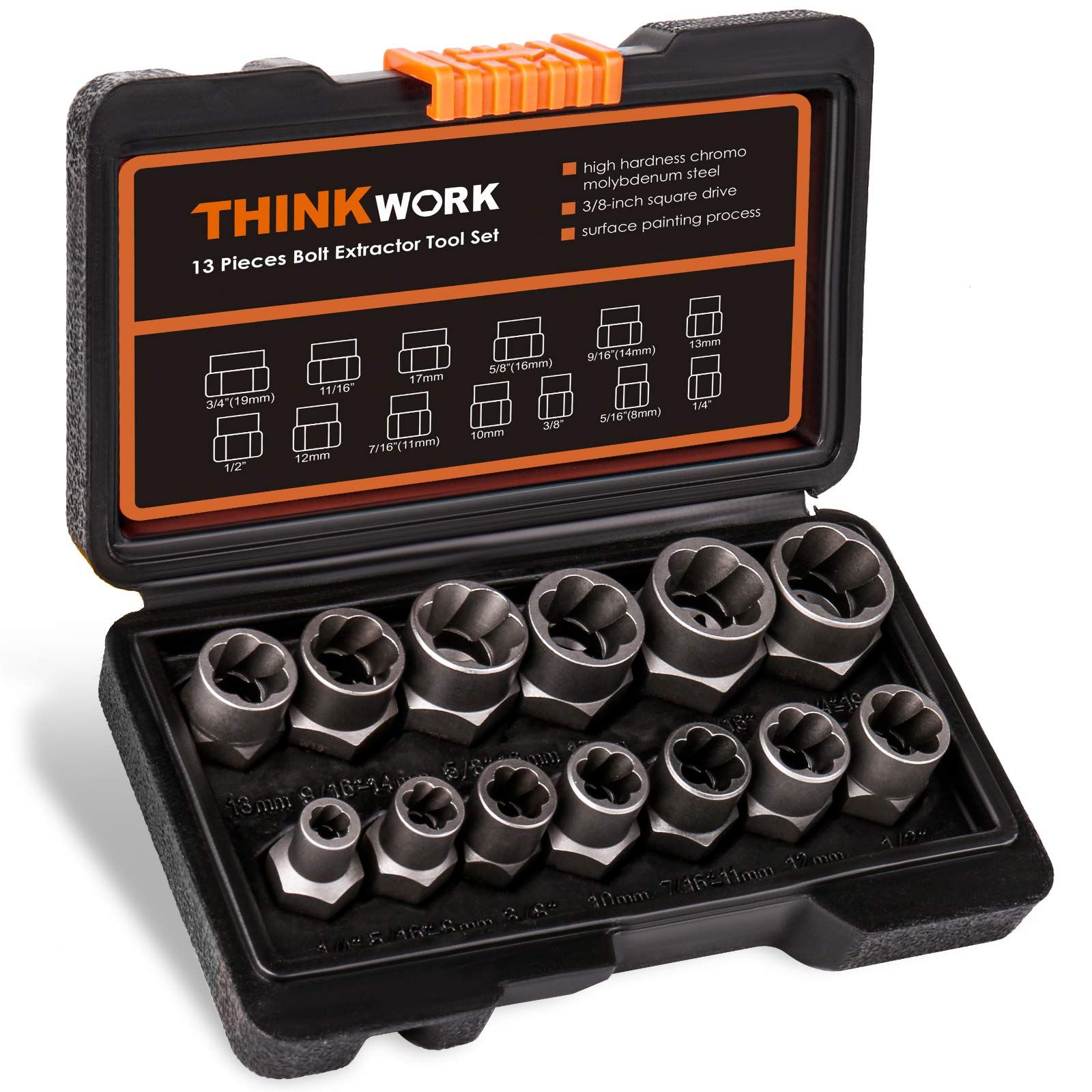 THINKWORKインパクトボルト＆ナットリムーバーセット、13 + 1ピースボルトエクストラクターツールセット、ストリップラグナットリムーバー、損傷、凍結、錆びた、丸みを帯びたボルト、ナット＆ネジを取り外すための抽出ソケットセット送料無料 515ac15b