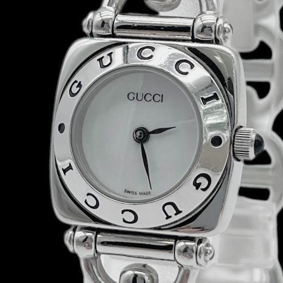 新品電池 稼働品 GUCCI グッチ レディース腕時計 6300L ホースビット クォーツQZ スクエア型 シルバー 文字盤 ホワイト スイス製