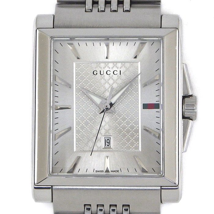 グッチ GUCCI 腕時計 Gタイムレス レクタングル 138.4/YA138403 デイト 夜光針 シェリーライン レクタンギュラー ディアマンテ サンレイ シルバー文字盤 SS クオーツアナログ 【中古】
