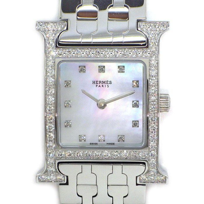エルメス HERMES 腕時計 Hウォッチ HH1.230 ダイヤベゼル 12ポイント ダイヤインデックス スクエア ホワイトシェル文字盤 SS クオーツアナログ 【中古】