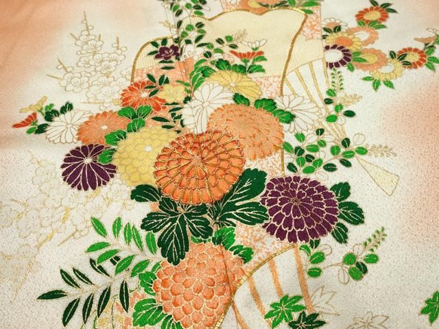 平和屋着物□訪問着 駒刺繍 扇面草花文 暈し染め 金彩 正絹 逸品