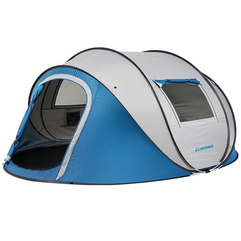 EchoSmile ポップアップテント 4人用 ワンタッチ 1秒簡単組立 防水 3000mm 耐水圧 UVカット 99％ 防蚊ネット付き キャンプ 家族用テント 防災 軽量設計 ファミリー （2/4/6/8人用選択可）ブルー