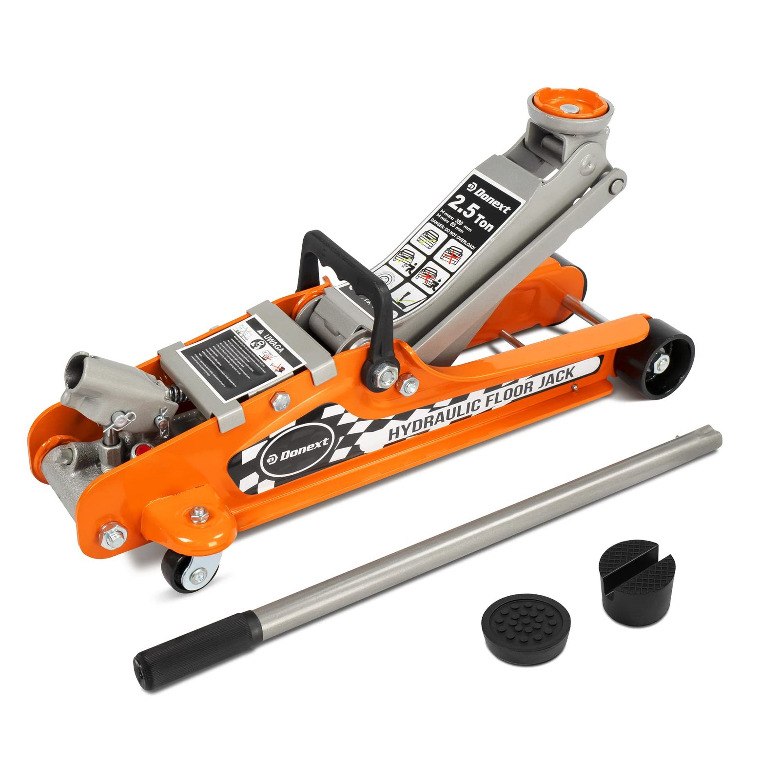 新品 Donext 油圧式 ガレージジャッキ フロア 2.5t 最低位85mm/最高位380mm GS CE規格 ローダウン 車用 ジャッキタッチメント・サドル30㎜/15mmUP2個付き