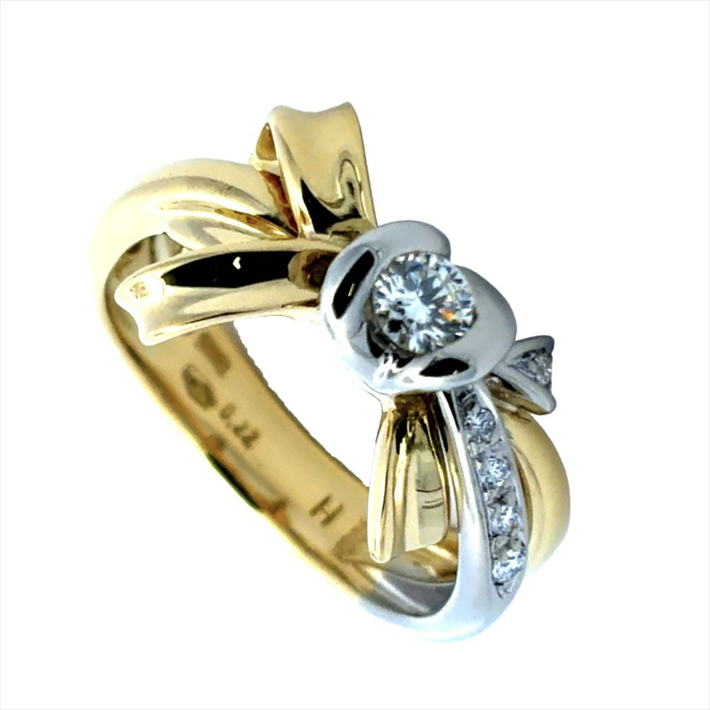 ダミアーニ DAMIANI リボンモチーフ ソリティア リング 指輪 ダイヤモンド 0.22ct 約12号 K18YG 6.7g K18WG レディース【中古】 104,000円