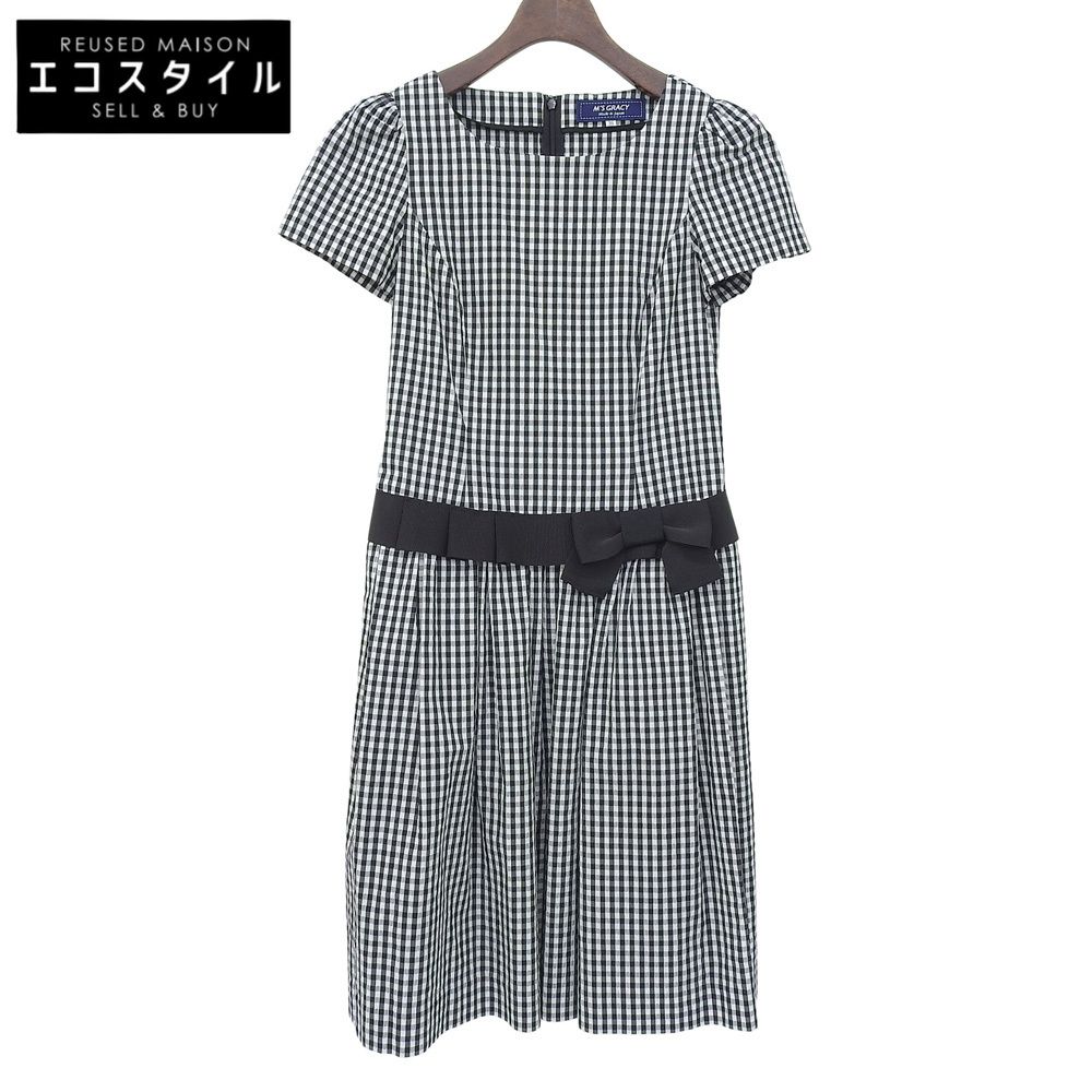 M'S GRACY　エムズグレイシー　美品 ギンガムチェック リボン ワンピース レディース ブラック/ホワイト 36 PM-811329　36